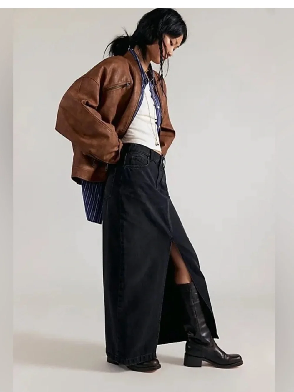 Free People Nothing Better Bewitched Black Cotton Jean Skirt NWT Sz 25 Ret $128